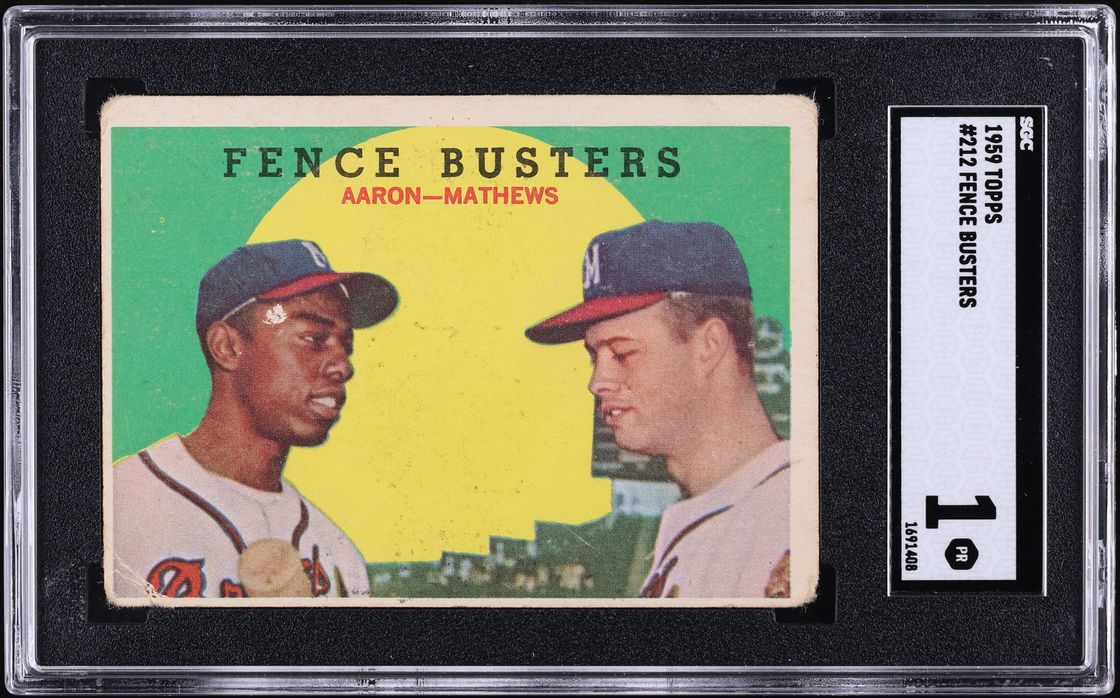 1959 Topps Hank Aaron & Eddie Mathews FENCE BUSTERS #212 SGC 1 PR