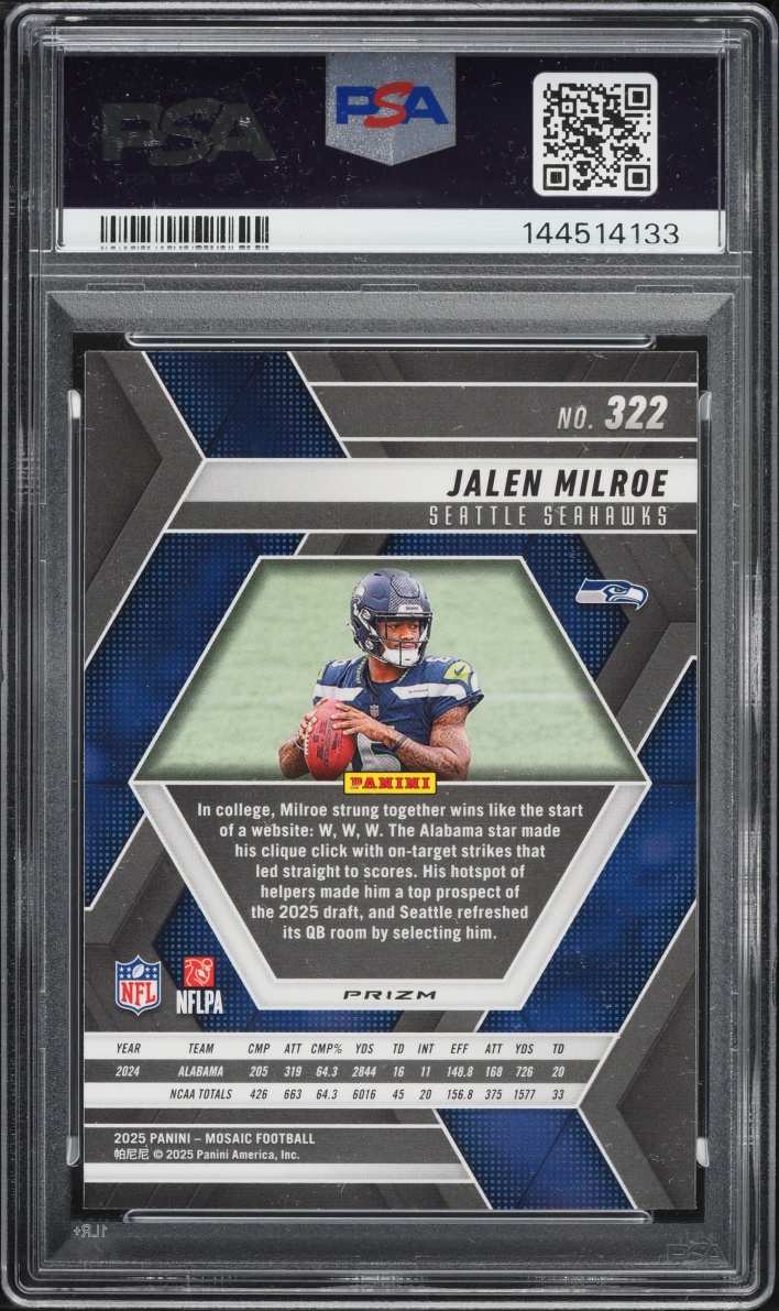 2025 Panini Mosaic Genesis Jalen Milroe ROOKIE #322 PSA 10 GEM MINT - Photo 2