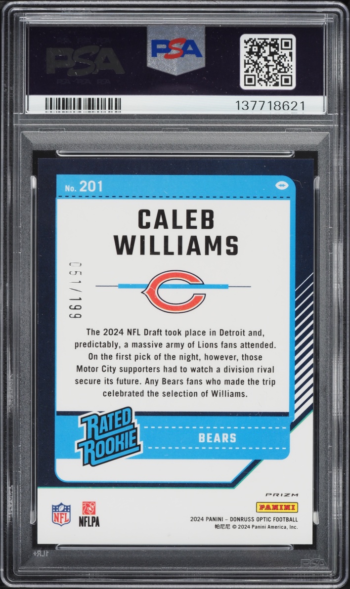 2024 Donruss Optic Blue Prizm Caleb Williams ROOKIE /199 #201 PSA 9 MINT - Photo 2