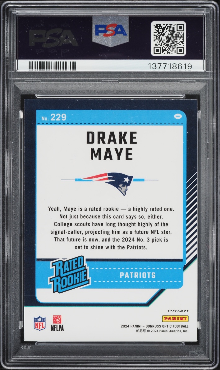 2024 Donruss Optic Blue Glitter Prizm Drake Maye ROOKIE #229 PSA 9 MINT - Photo 2