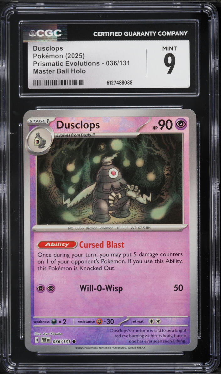 2025 Pokemon Scarlet & Violet Prismatic Evolutions Master Ball Holo Dusclops #36 CGC 9 MINT