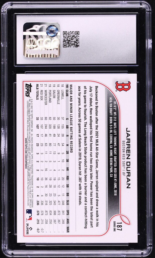 2022 Topps Jarren Duran ROOKIE #187 CGC 10 GEM MINT