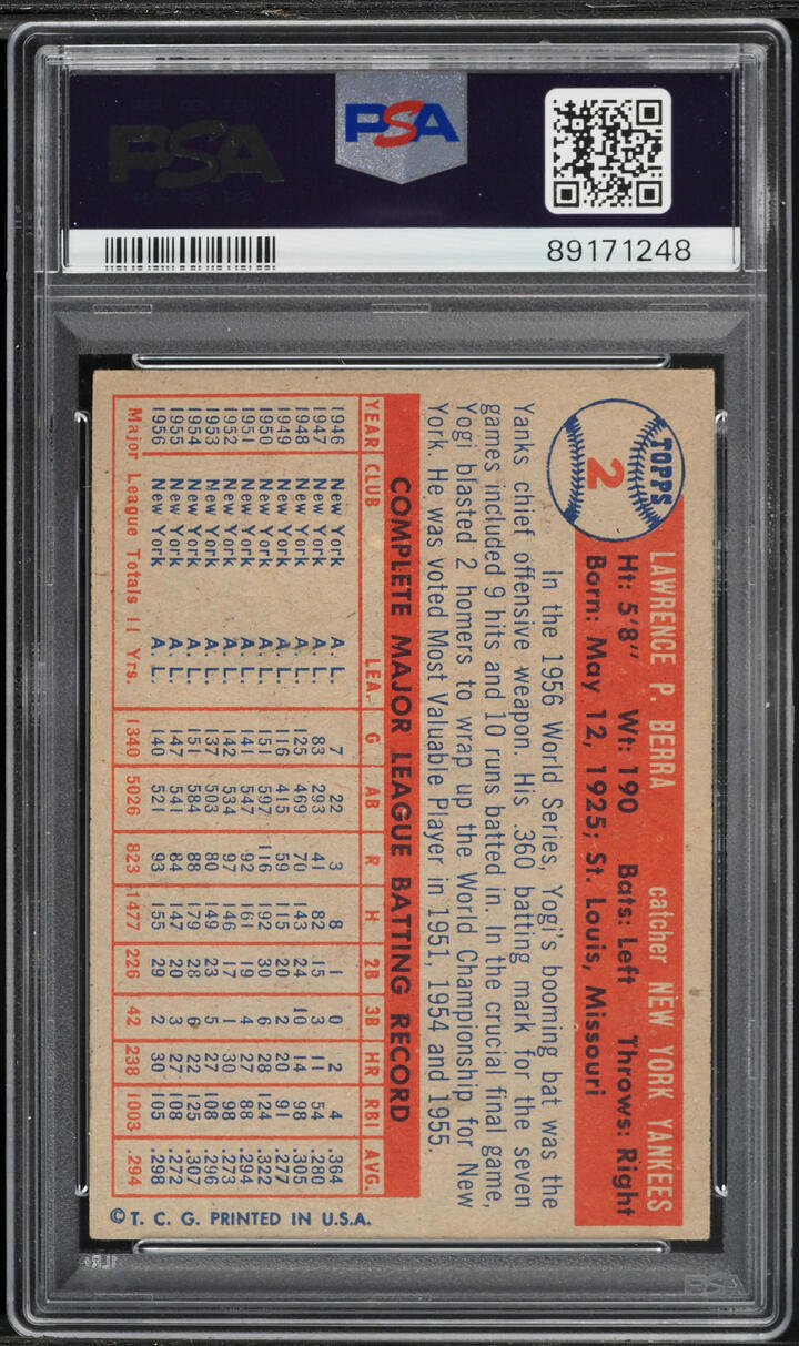 1957 Topps Yogi Berra #2 PSA 2 GD
