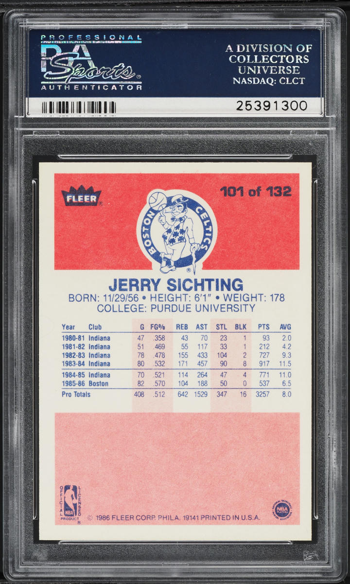 1986 Fleer Basketball Jerry Sichting #101 PSA 10 GEM MINT