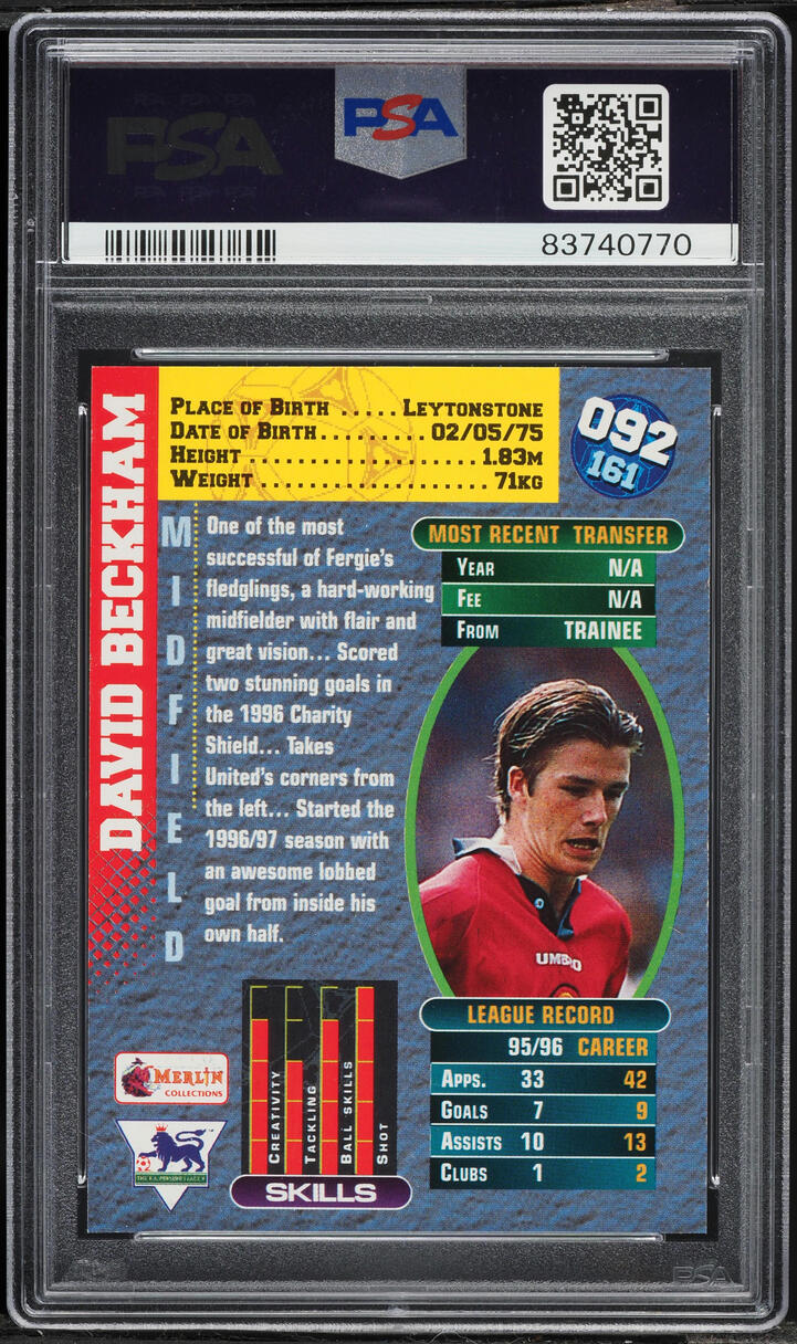 1996 Merlin Premier Gold David Beckham ROOKIE #92 PSA 9 MINT