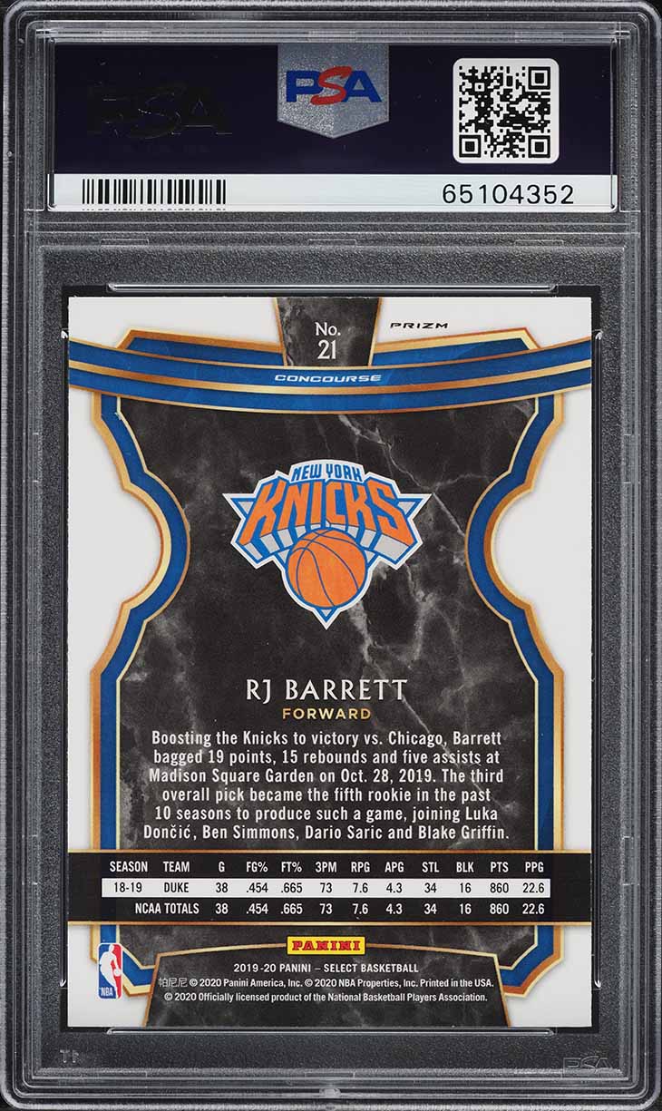 2019 Select Concourse Tri-Color Prizm RJ Barrett ROOKIE #21 PSA 10 GEM MINT