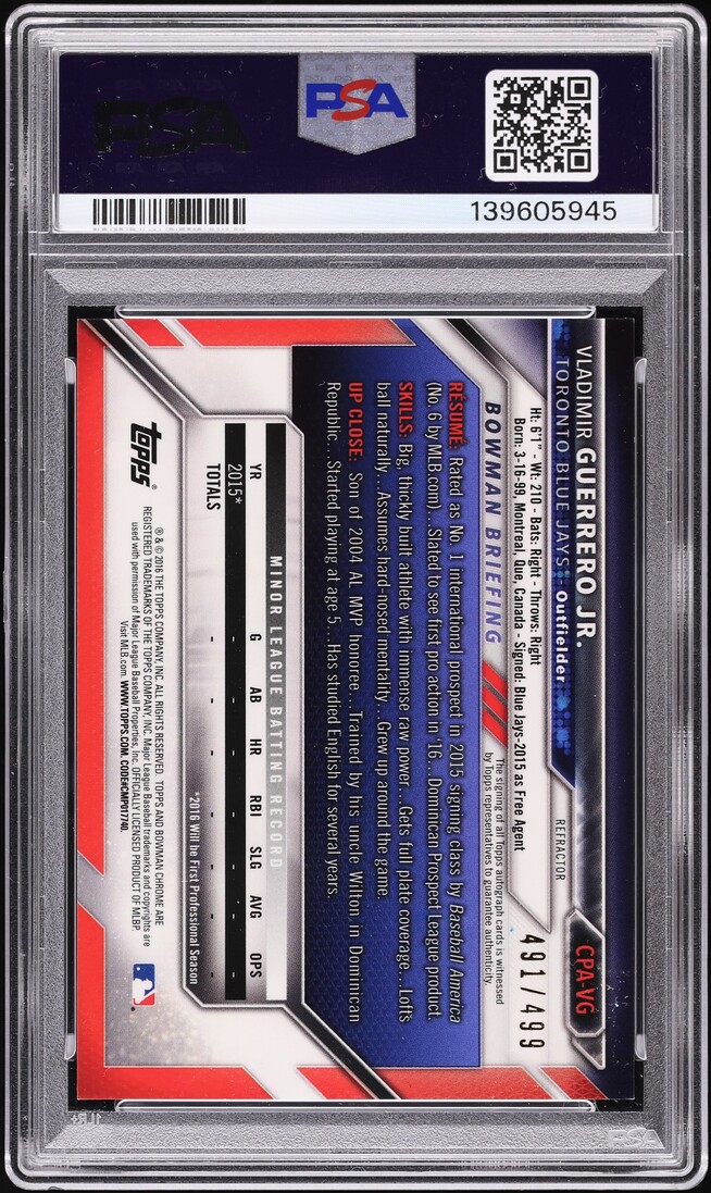 2016 Bowman Chrome Refractor Vladimir Guerrero Jr. PROSPECT AUTO /499 #CPA-VG PSA 9 MINT