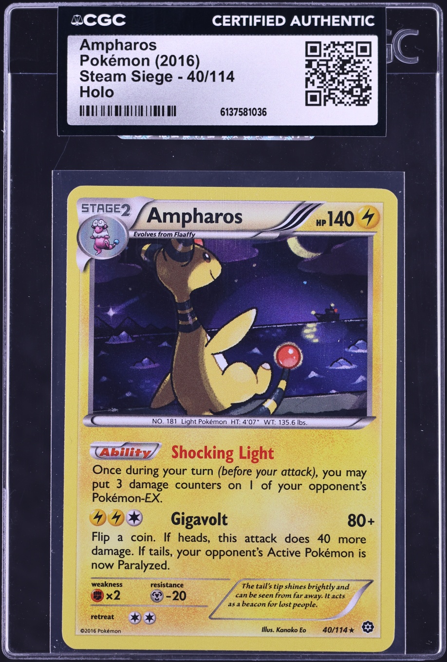 2016 Pokemon Sun & Moon Steam Siege Holo Ampharos #40 CGC AUTH