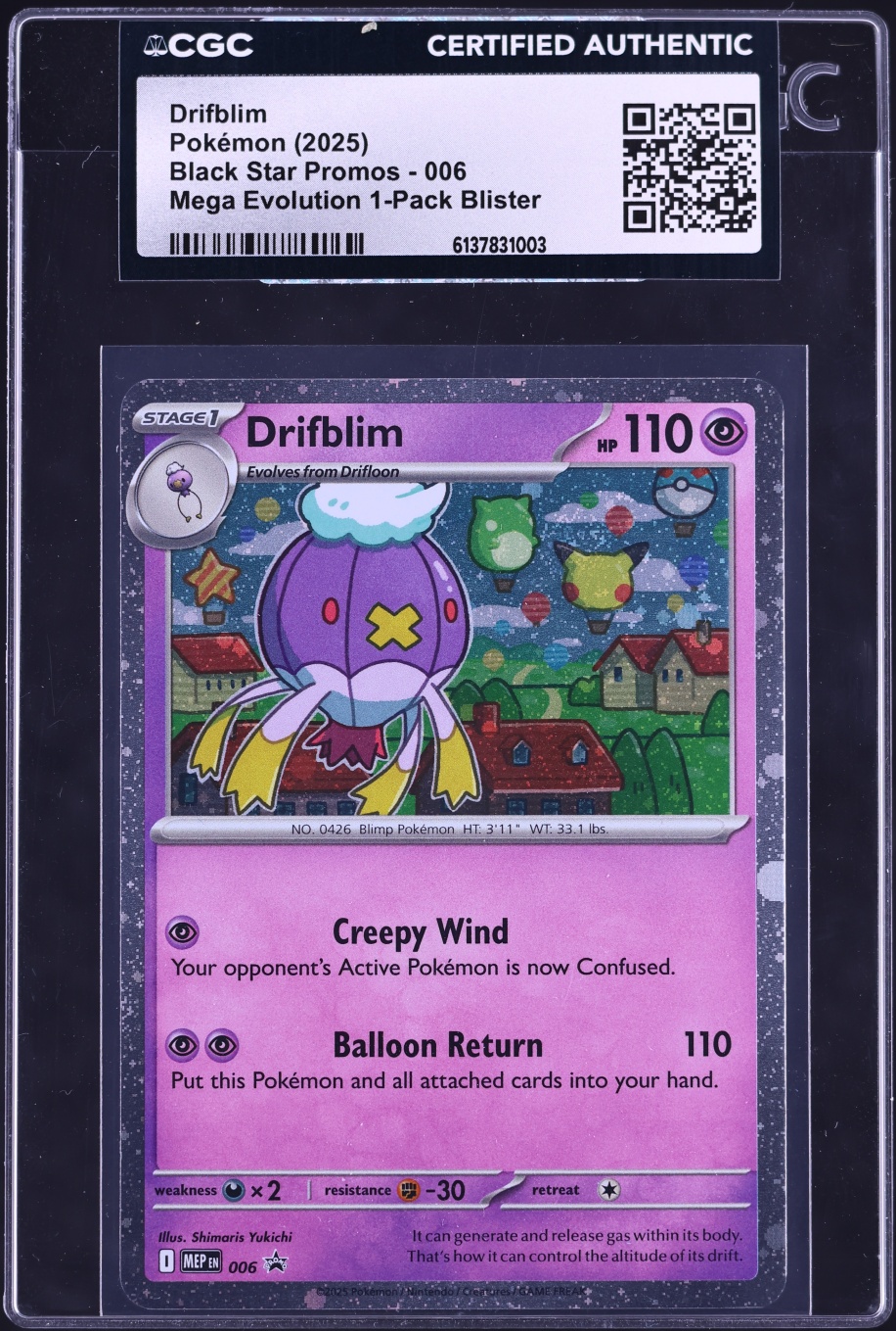2025 Pokemon Mega Evolution Black Star Promo Cosmos Holo Drifblim #6 CGC AUTH