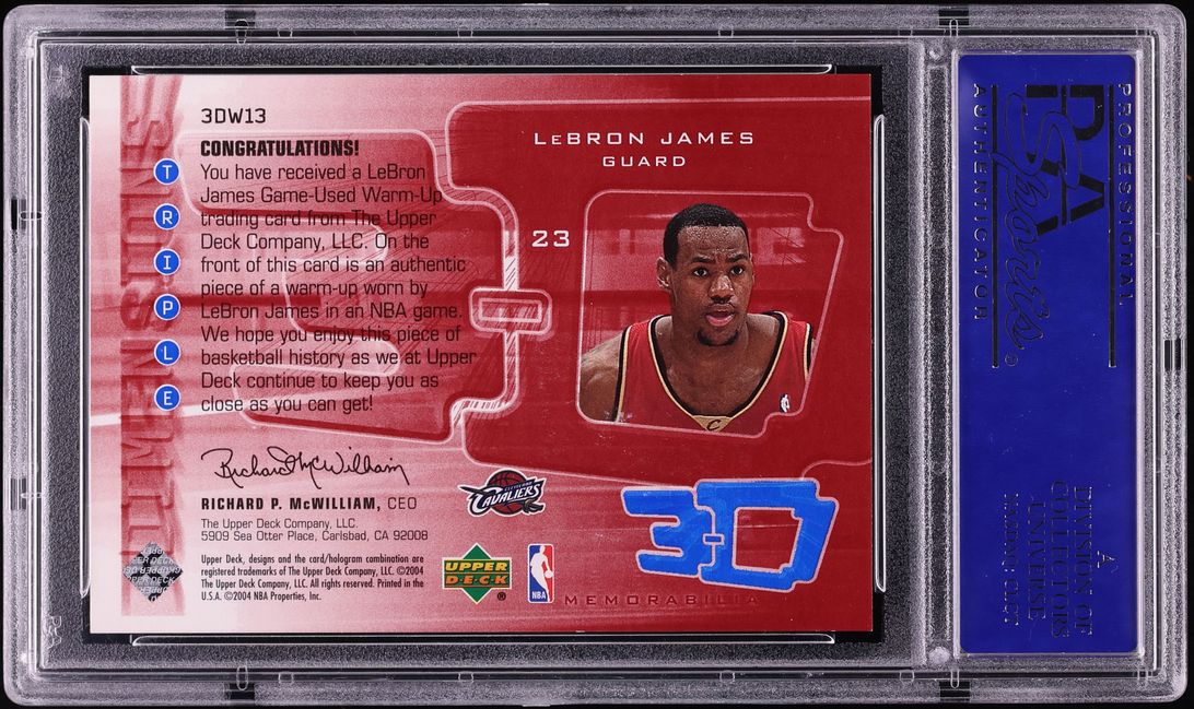 2003 Upper Deck Triple Dimensions 3-D Warmups LeBron James ROOKIE PATCH /999 #3DW13 PSA 8 NM-MT