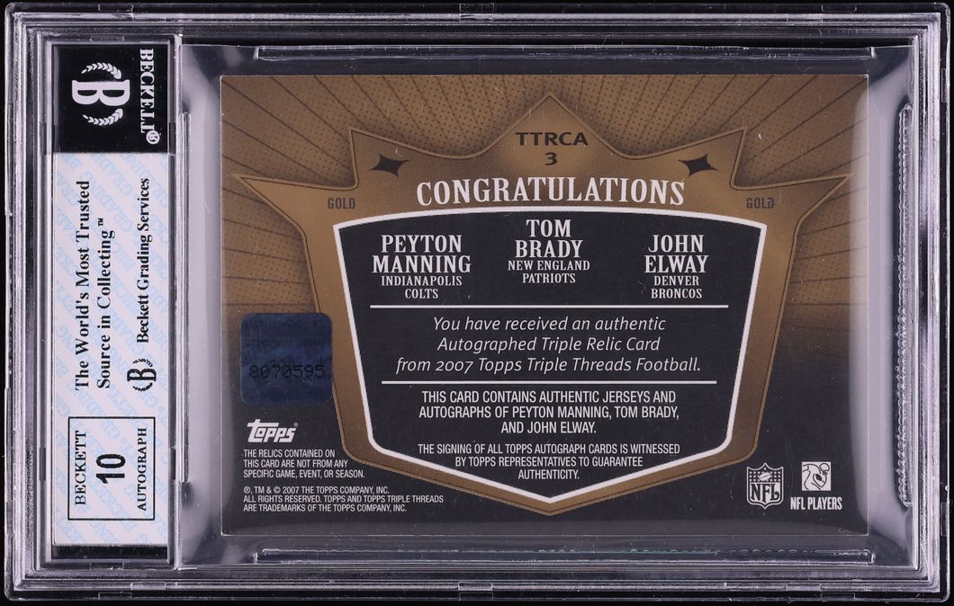 2007 Topps Triple Threads Gold Peyton Manning Tom Brady John Elway PATCH AUTO /9 #3 BGS 8 NM-MT