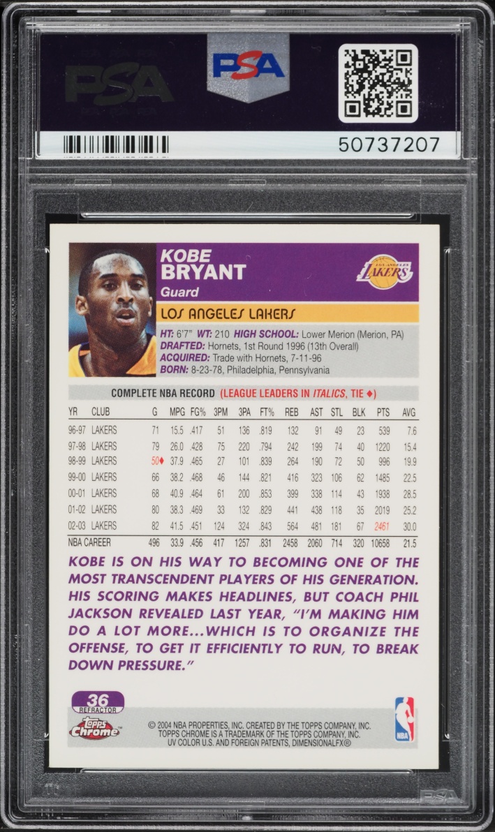 2003 Topps Chrome Refractor Kobe Bryant #36 PSA 9 MINT
