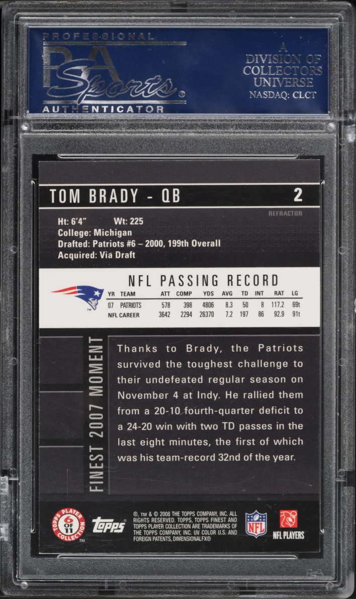 2008 Finest Blue Refractor Tom Brady #2 PSA 10 GEM MINT