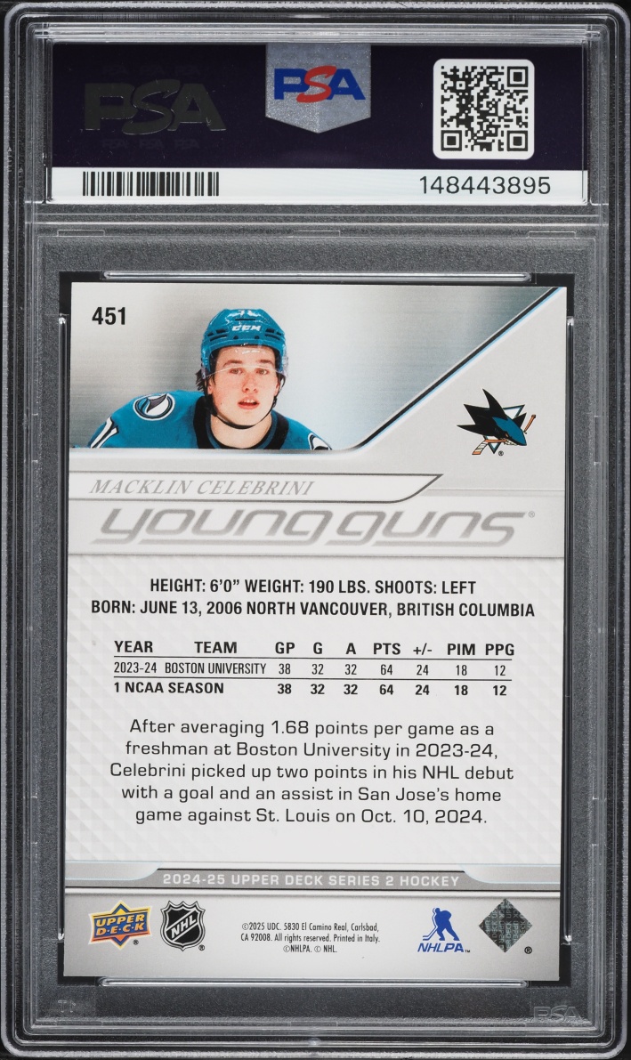 2024 Upper Deck Young Guns Silver Foil Macklin Celebrini ROOKIE #451 PSA 9 MINT