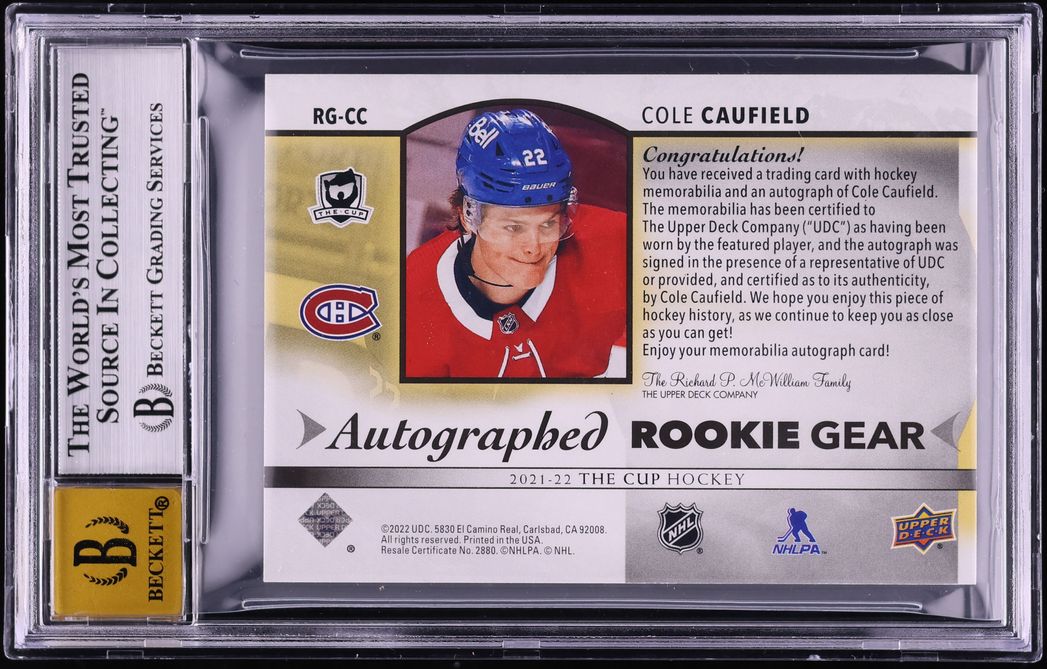 2021 Upper Deck The Cup Red Cole Caufield ROOKIE PATCH AUTO 1/1 #RG-CC BGS 8.5