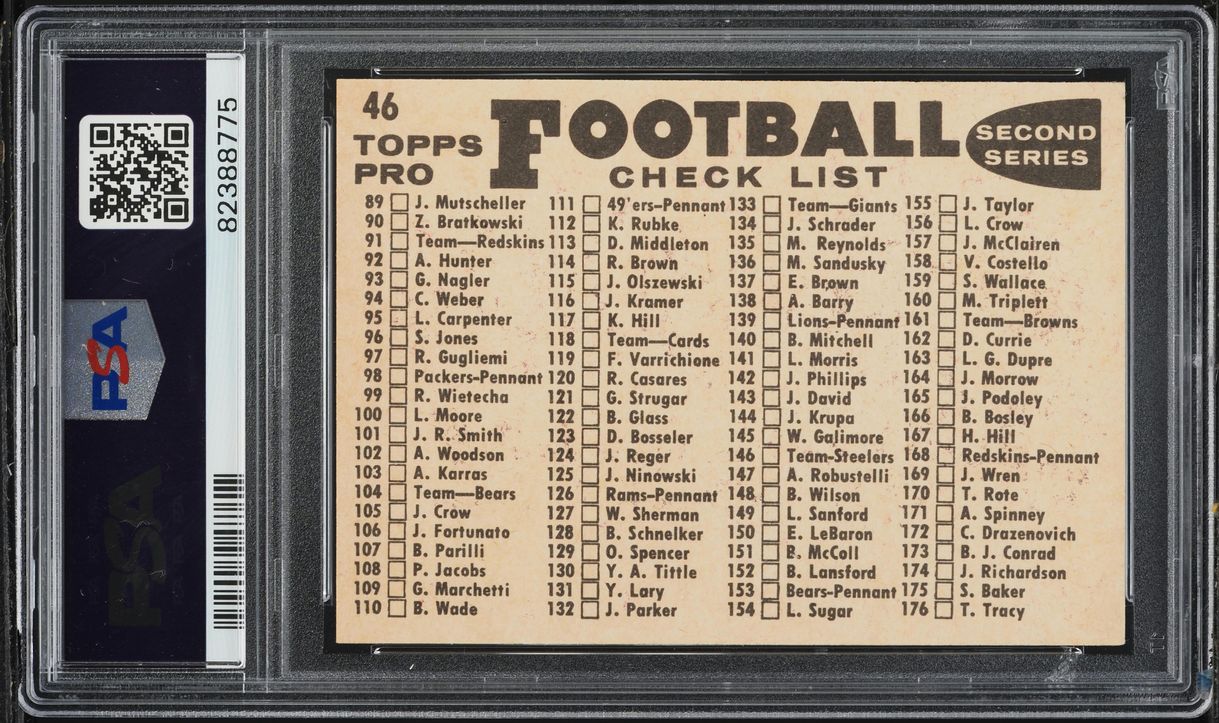 1959 Topps Football Green Bay Packers CHECKLIST BACK  #46 PSA 9 MINT