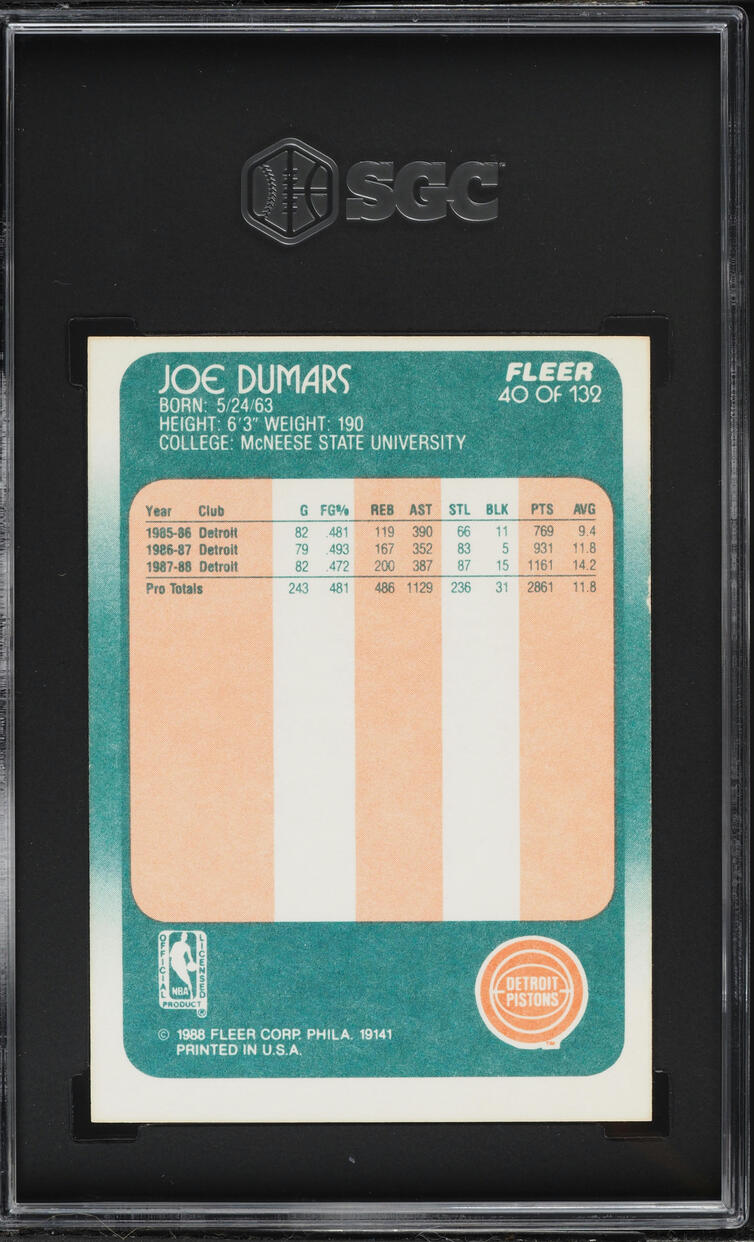 1988 Fleer Basketball Joe Dumars #40 SGC 6 EXMT