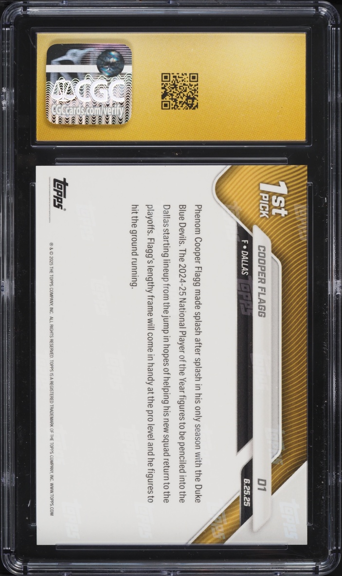 2025 Topps Now Draft Cooper Flagg ROOKIE #D1 CGC 10 PRISTINE - Photo 2