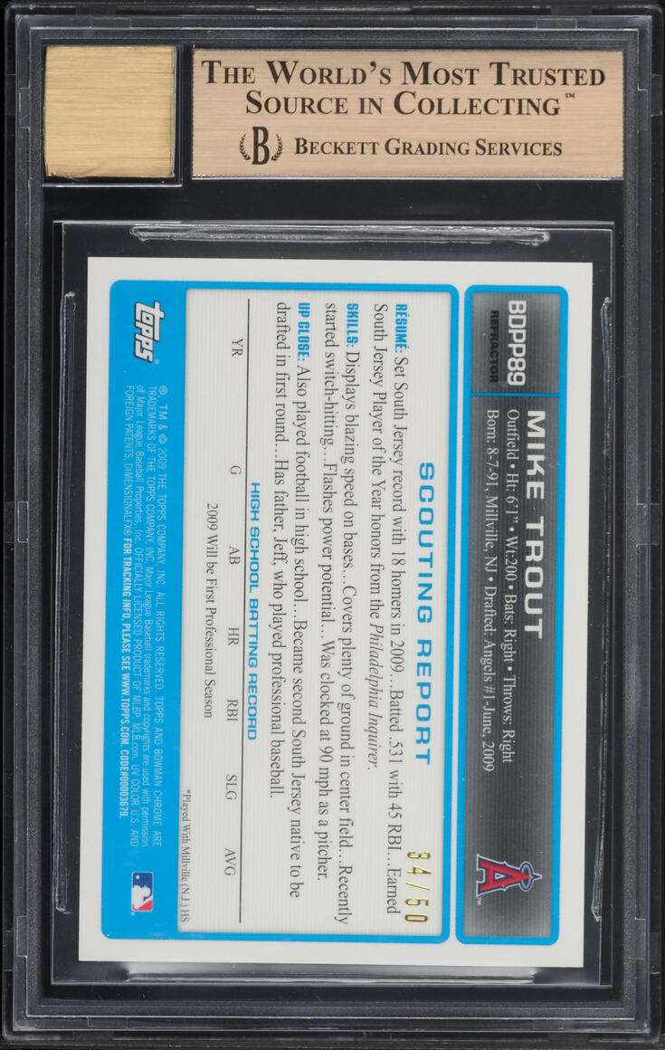2009 Bowman Chrome Gold Refractor Mike Trout PROSPECT AUTO /50 #BDPP89 BGS 9.5
