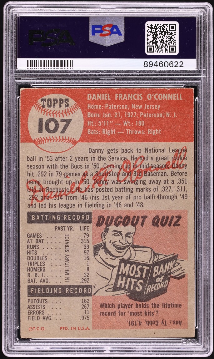 1953 Topps Danny O'Connell #107 PSA 4 VGEX