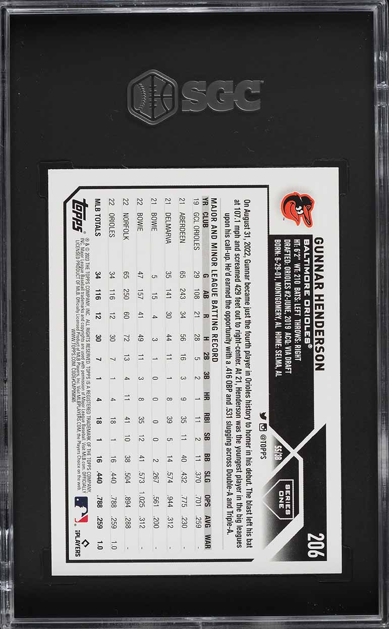 2023 Topps Gunnar Henderson ROOKIE #206 SGC 10 GEM MINT