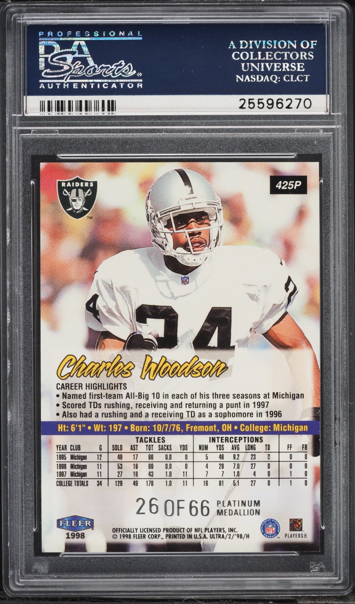 1998 Ultra Platinum Medallion Charles Woodson ROOKIE /66 #425P PSA 10 GEM MINT