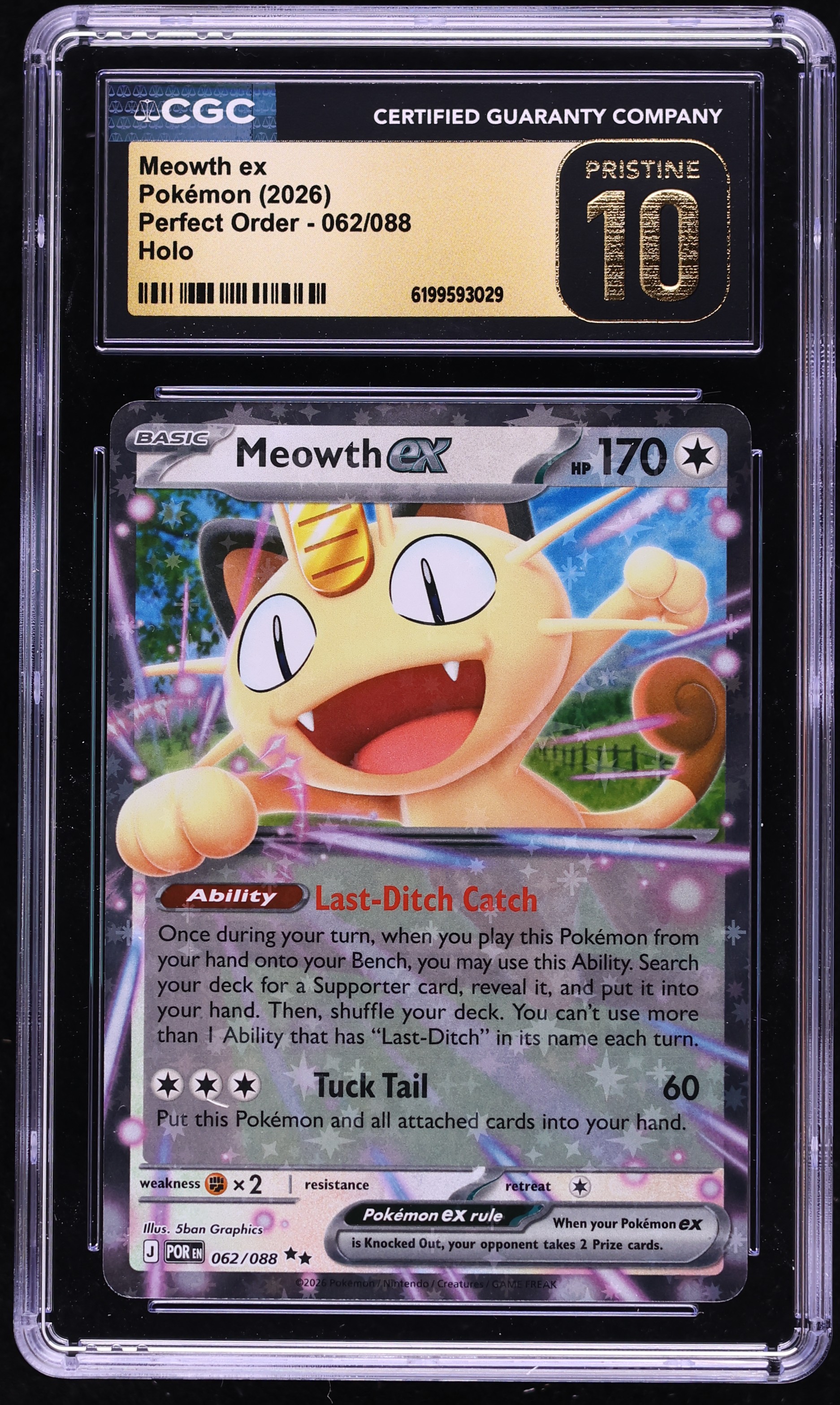 2026 Pokemon Mega Evolution Perfect Order Holo Meowth ex #62 CGC 10 PRISTINE