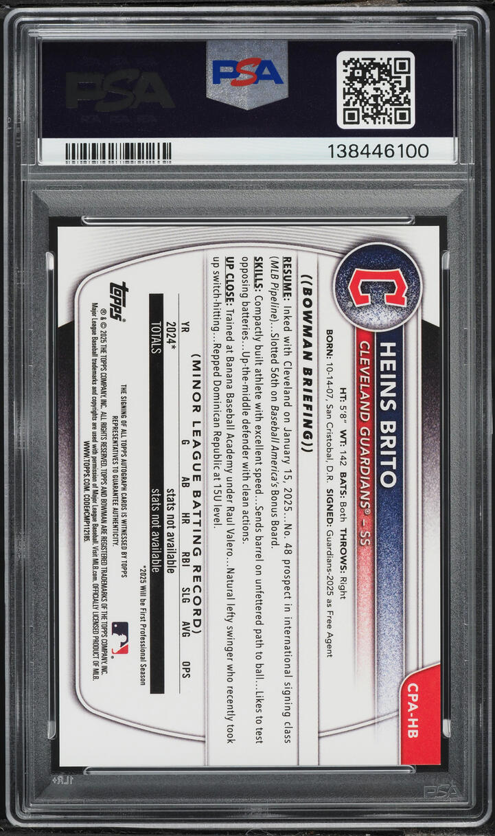 2025 Bowman Chrome Heins Brito PROSPECT AUTO #CPA-HB PSA 10 GEM MINT