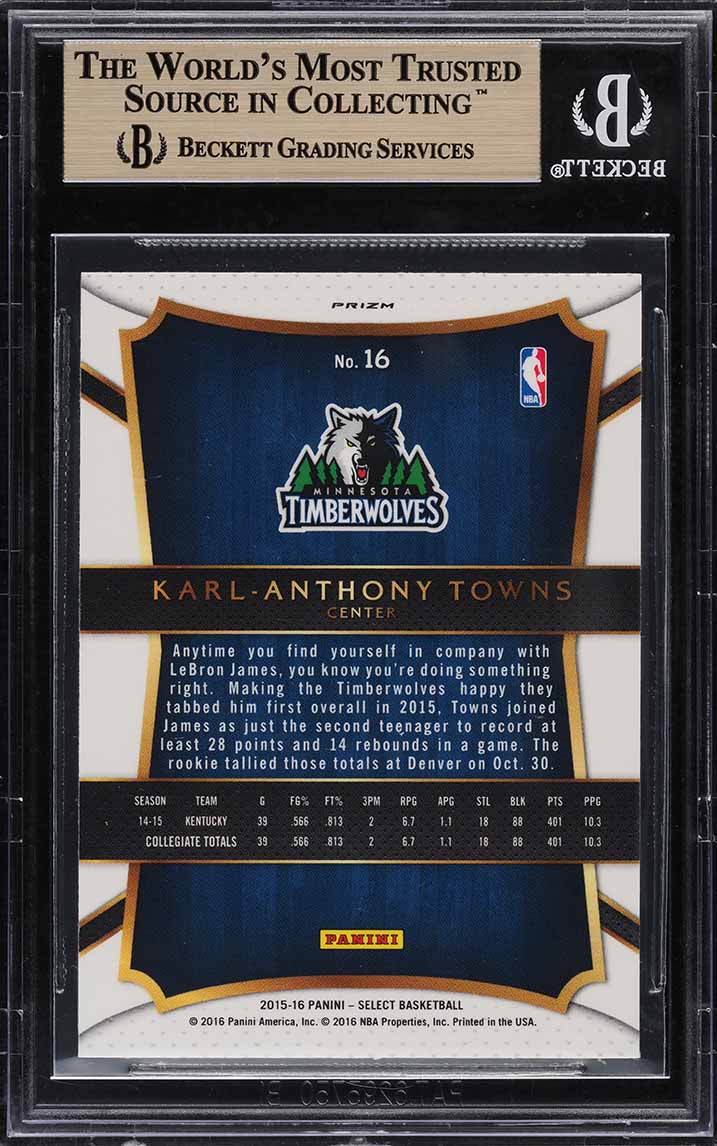 2015 Select Silver Prizm Karl-Anthony Towns ROOKIE #16 BGS 9.5 GEM MINT