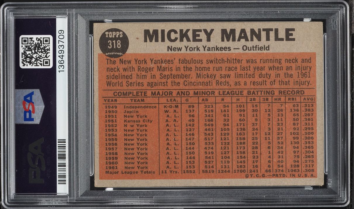 1962 Topps Mickey Mantle THE SWITCH HITTER CONNECTS #318 PSA 3 VG