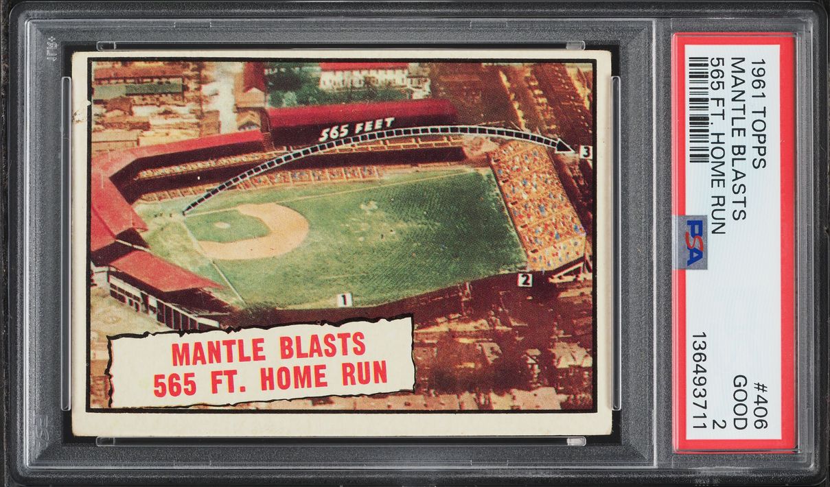 1961 Topps Mickey Mantle BLASTS 565 FT. HOME RUN #406 PSA 2 GD