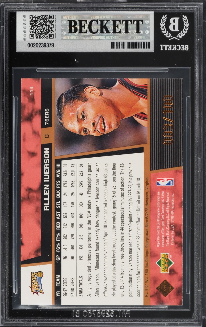 1998 Upper Deck Bronze Allen Iverson JERSEY # 3/100 #114 BGS 8 NM-MT