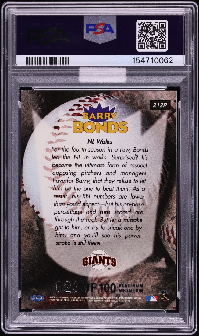 1998 Ultra Platinum Medallion Barry Bonds /100 #212P MBA PSA 7 NRMT - Photo 2