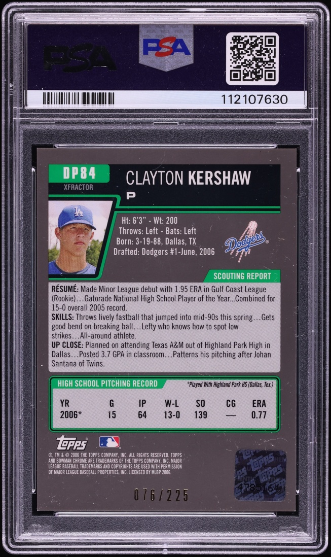 2006 Bowman Chrome Xfractor Clayton Kershaw PROSPECT AUTO /225 #DP84 PSA 9 MINT - Photo 2