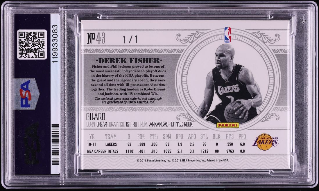 2010 Playoff National Treasures Century Derek Fisher LOGOMAN PATCH AUTO 1/1 #43 PSA 8 NM-MT - Photo 2