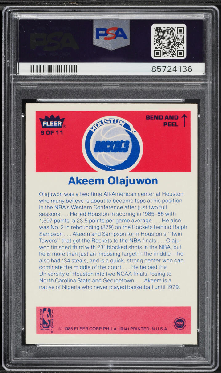 1986 Fleer Sticker Hakeem Olajuwon ROOKIE #9 PSA 8 NM-MT - Photo 2