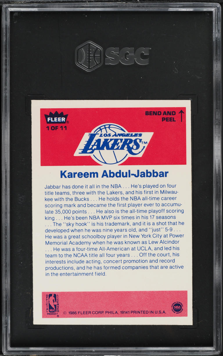 1986 Fleer Sticker Kareem Abdul-Jabbar #1 SGC 9 MINT
