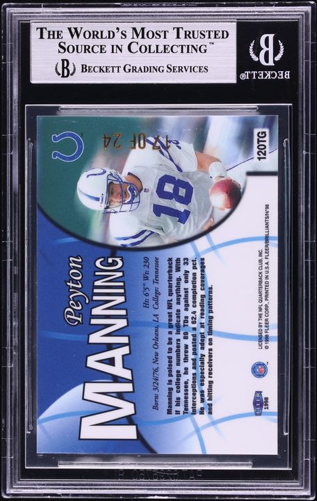1998 Fleer Brilliants 24 Karat Gold Peyton Manning ROOKIE /24 #120 BGS 9 MINT - Photo 2