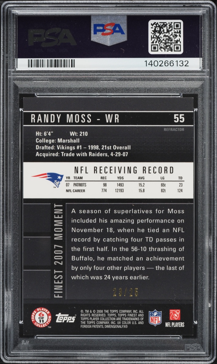 2008 Finest Red Refractor Randy Moss /25 #55 PSA 8 NM-MT