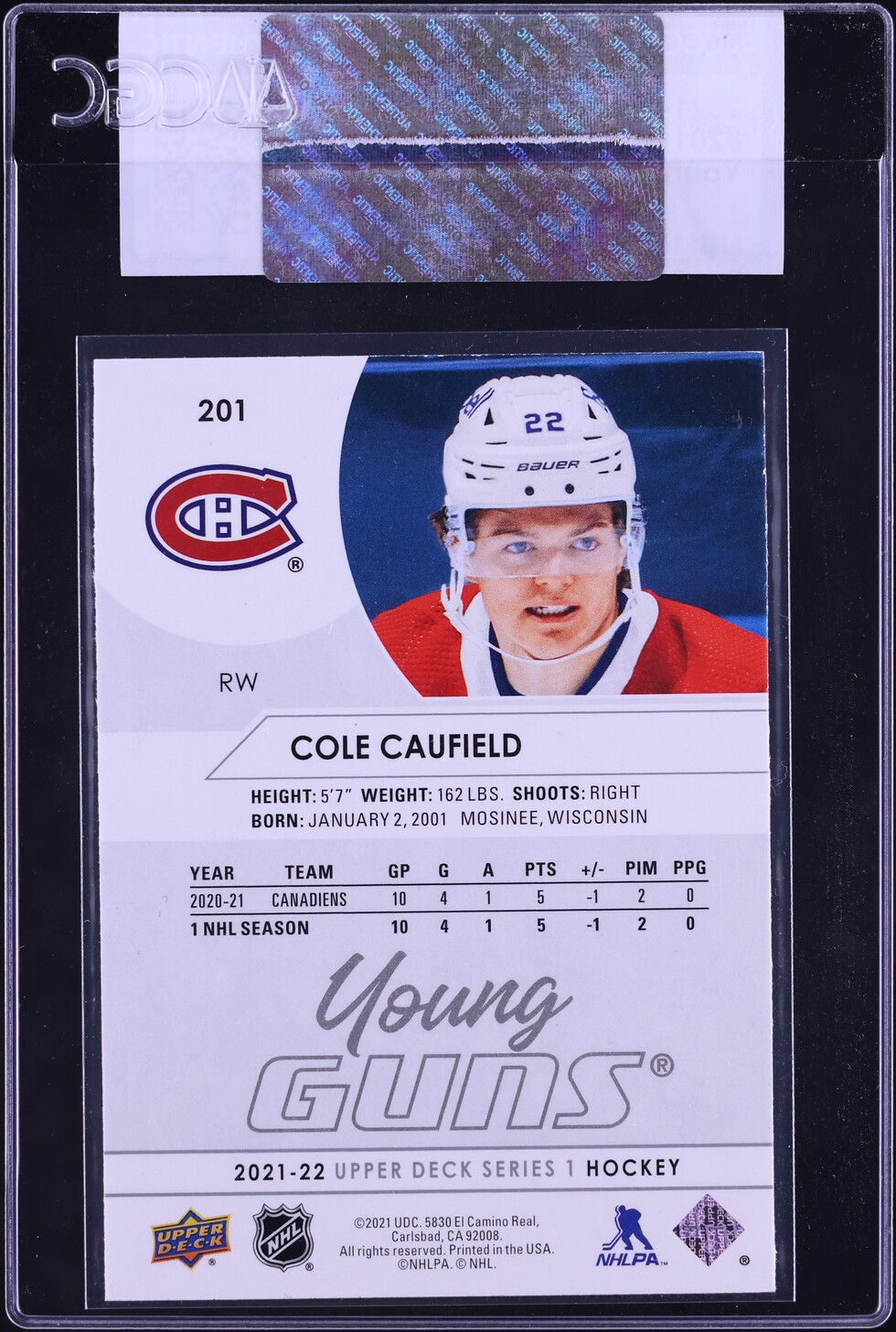 2021 Upper Deck Young Guns Cole Caufield ROOKIE #201 CGC AUTH