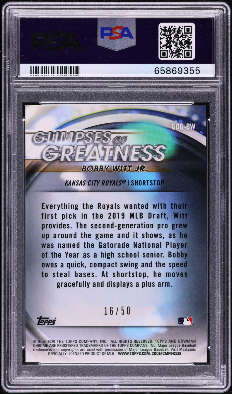 2020 Bowman Chrome Draft Glimpses Of Greatness Gold Bobby Witt Jr RC /50 PSA 10
