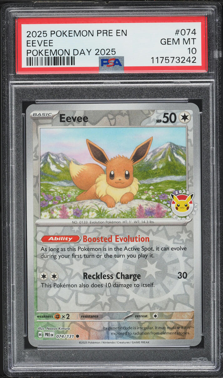 2025 Pokemon SV Prismatic Evolutions Day '25 Reverse Holo Eevee #74 PSA 10 GEM MINT