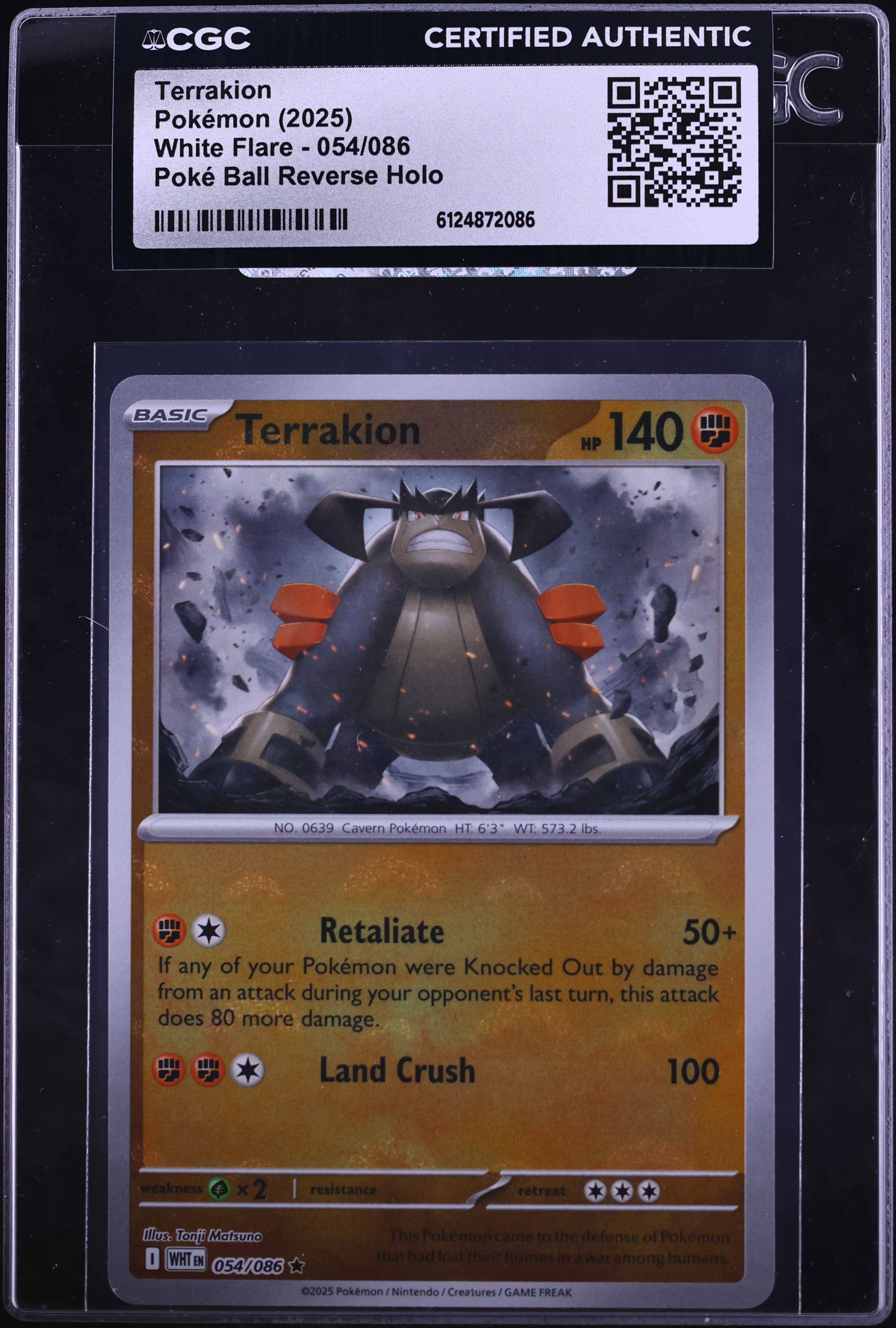 2025 Pokemon Scarlet & Violet White Flare Poke Ball Reverse Holo Terrakion #54 CGC AUTH