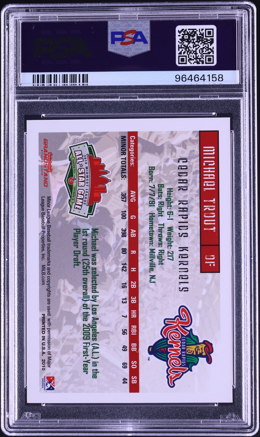 2010 Grandstand Midwest League All-Star Game Mike Trout RC AUTO DNA 9 PSA 8