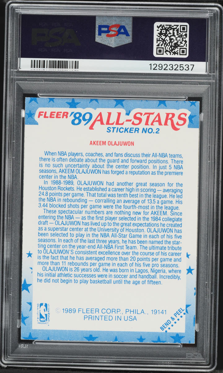 1989 Fleer Sticker Hakeem Olajuwon ALL STARS #2 PSA 8 NM-MT