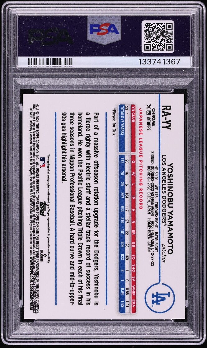 2024 Topps Chrome Blue Refractor Yoshinobu Yamamoto ROOKIE AUTO /150 #RA-YY PSA 10 GEM MINT - Photo 2