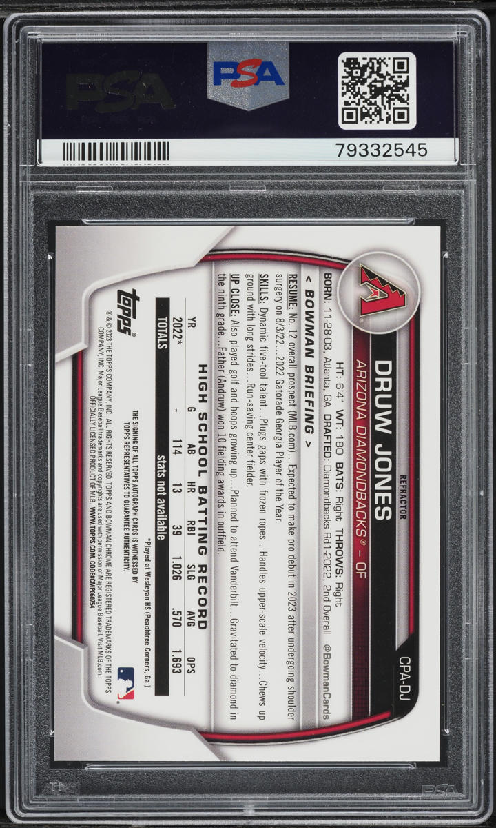 2023 Bowman Chrome Refractor Druw Jones PROSPECT AUTO /499 #CPA-DJ PSA 10 GEM MINT