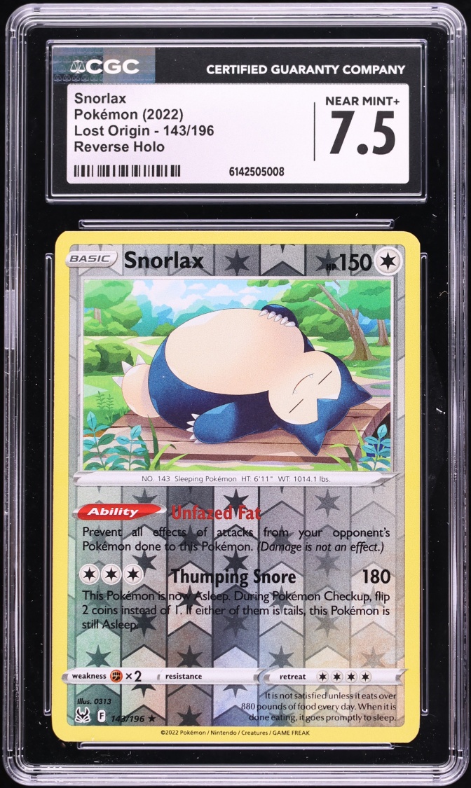 2022 Pokemon Sword & Shield Lost Origin Reverse Holo Snorlax #143 CGC 7.5 NRMT+