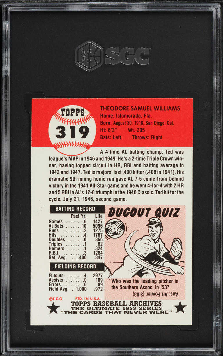 1991 Topps Archives Ted Williams #319 SGC 7 NRMT