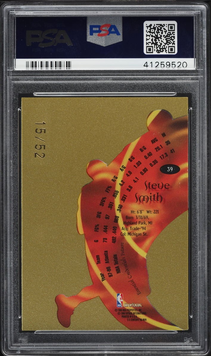 1998 Skybox E-X Century Essential Credentials Future Steve Smith /52 #39 PSA 8 NM-MT - Photo 2